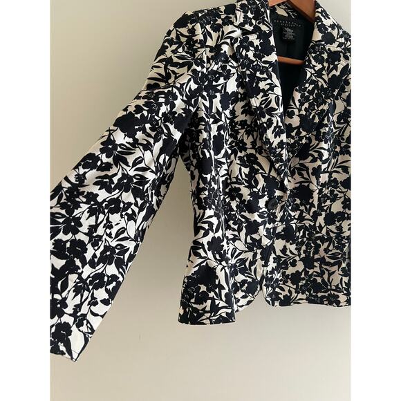 Apostrophe Blazer Jacket One Button Stretch Black & White Floral Size 4 JL - Picture 2 of 12